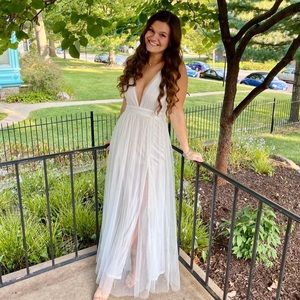 White Windsor Long Pleated Formal Tulle Dress